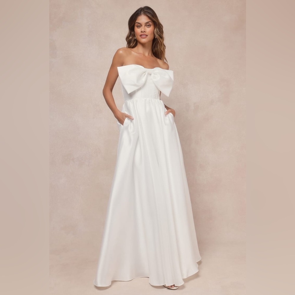 Lulus-Refined Extravagance White Taffeta Bow Maxi Dress With Pockets (Medium)